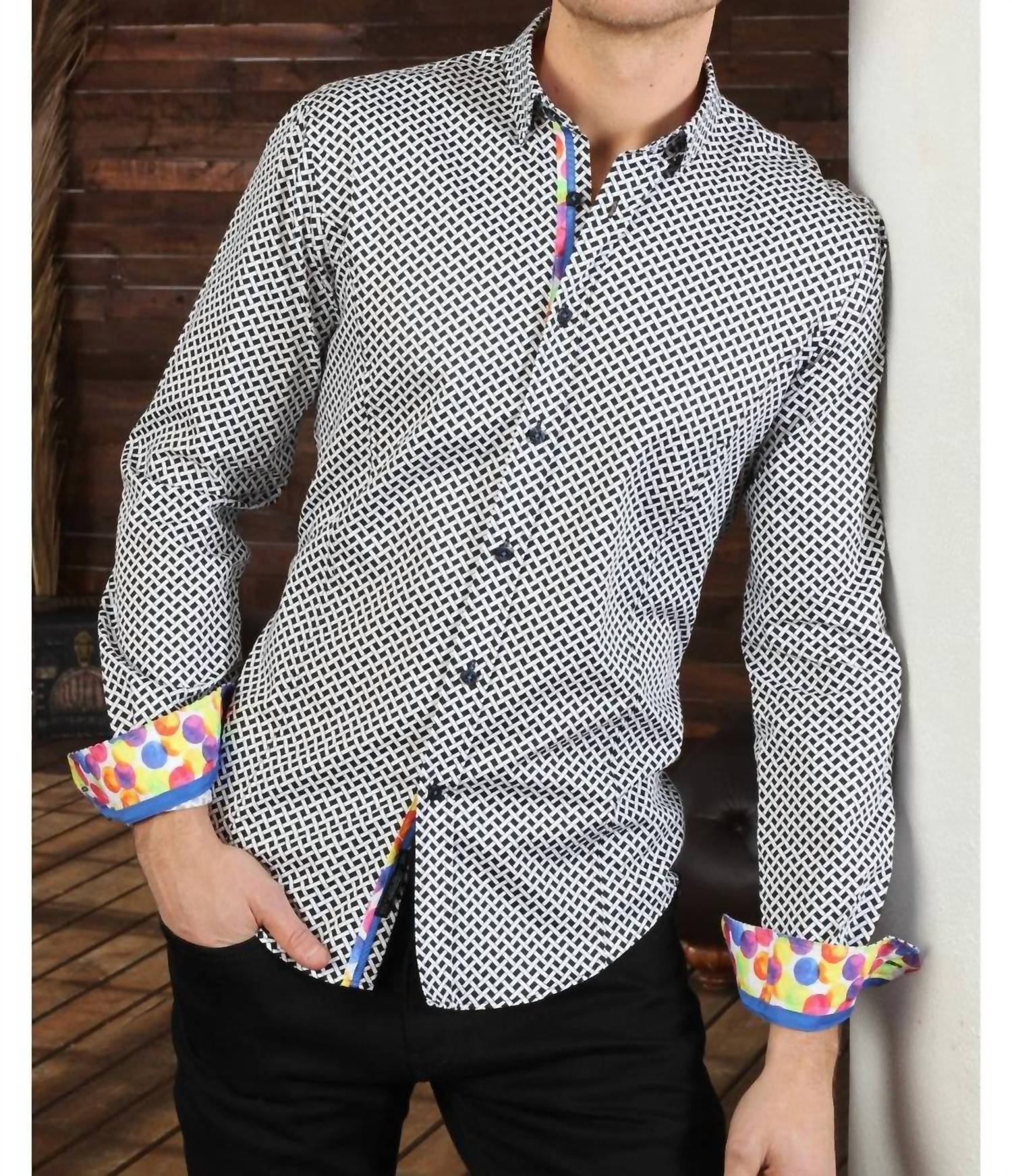 Eight X - Button Down Print Shirt With Colorful Dot Trim