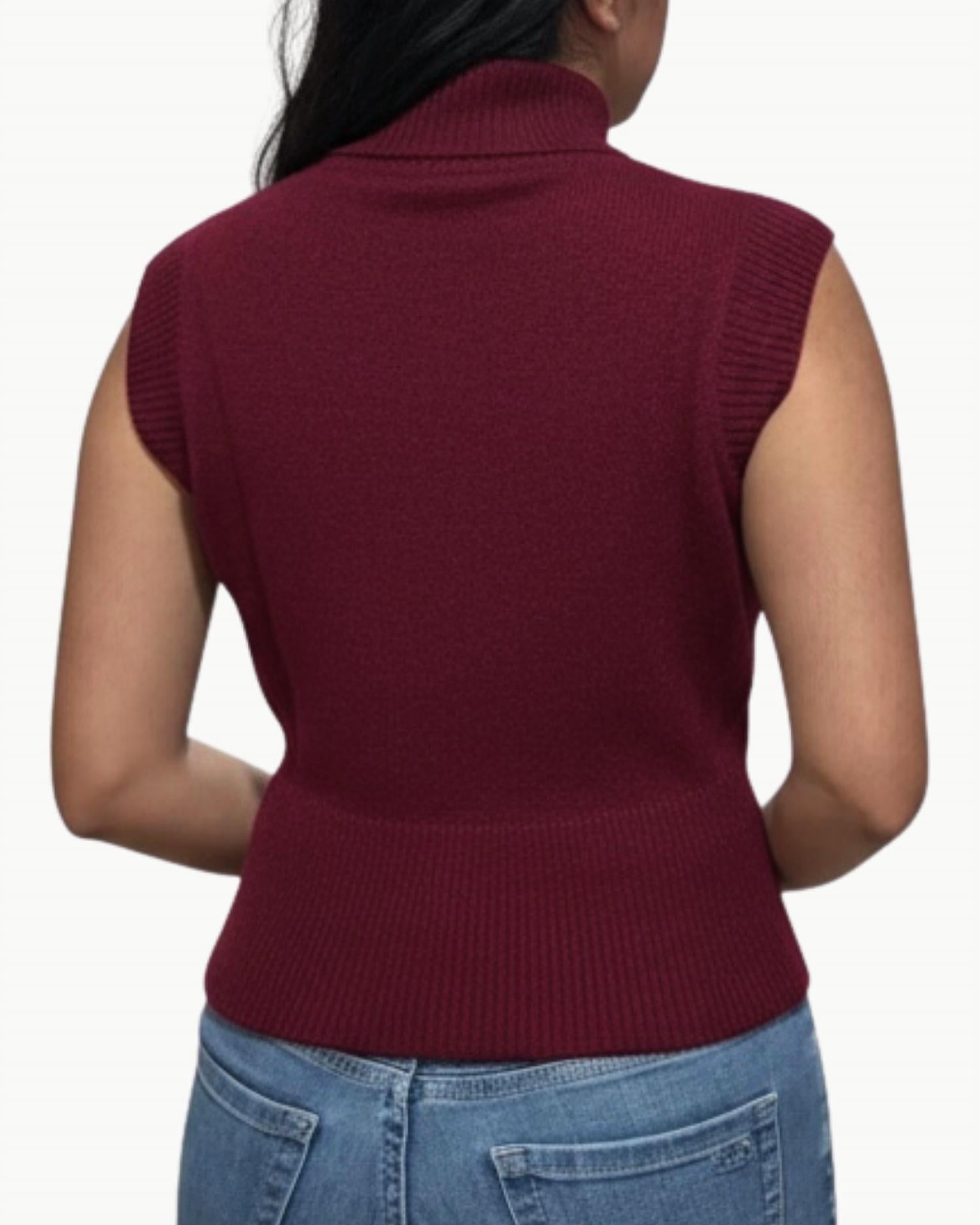 White + Warren Cashmere Sleeveless Mock Neck Vest in sangria - women's jacket - detail view