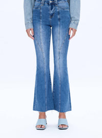 Bayeas High Waist Raw Hem Flare Jeans in medium blue - women's jeans