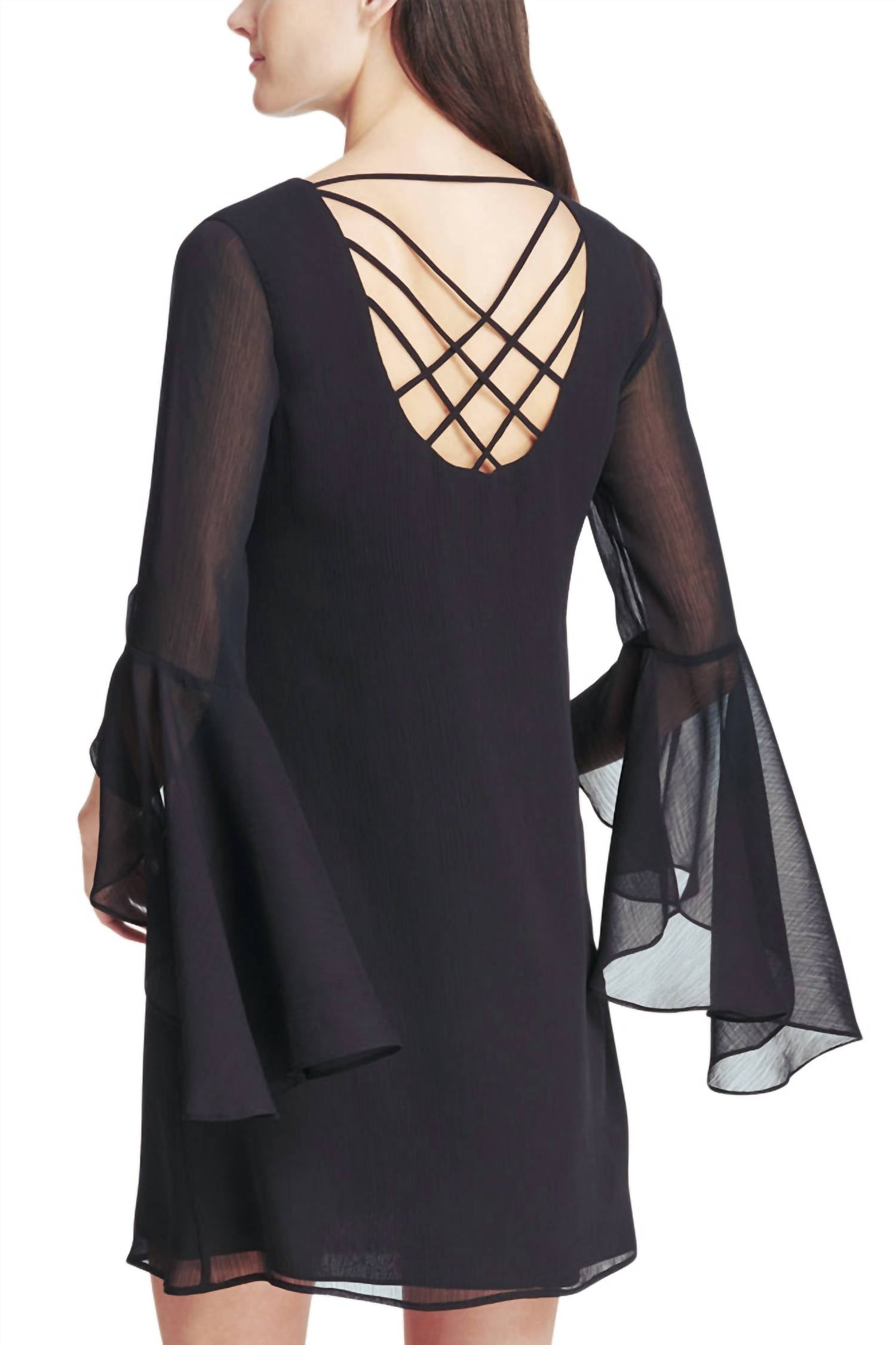 Kensie - Unlined Chiffon Sleeve High Low Cuff Ruffle Detail V-Neck Shift Dress