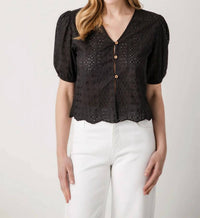Elan - Short Sleeve Eyelet Button Up Top