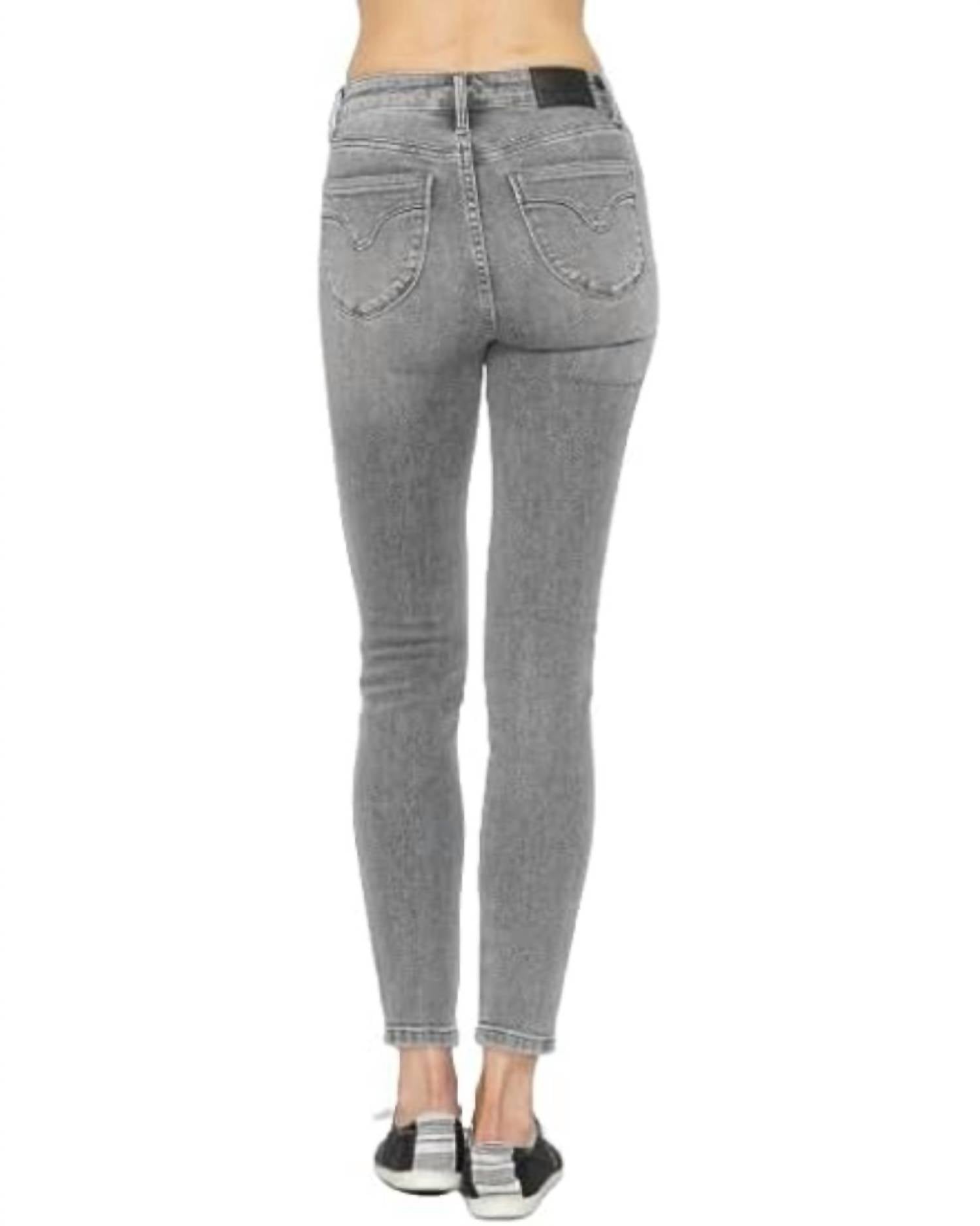 Judy Blue Mid Rise Skinny Jean in grey wash - women's jeans - detail view