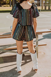 Queen Of Sparkles - SEQUIN RHINESTONE STRIPE FLUTTER TOP