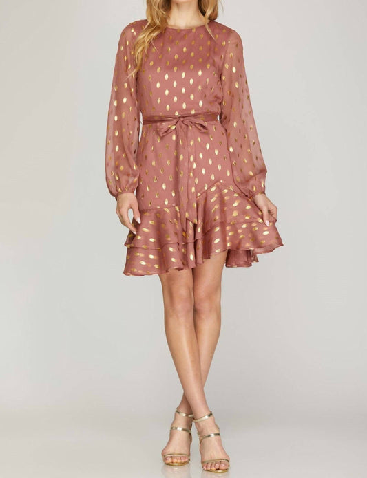 Gold-Dot Chiffon Dress With Ruffled Hem