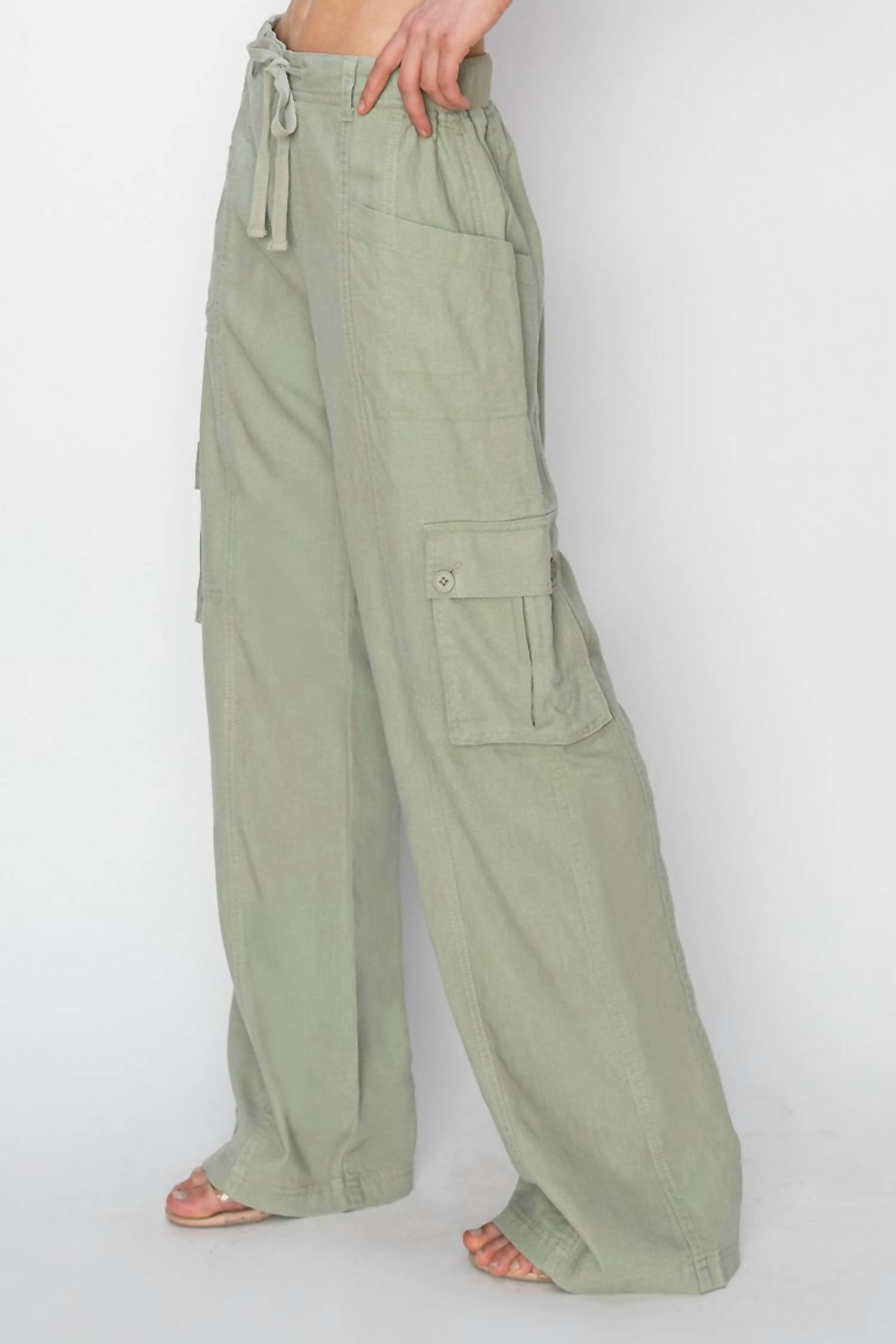 Risen - High Rise Linen Wide Cargo Pants