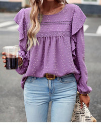 Epretty - Swiss Dots Ruffle Trim Blouse