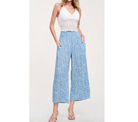 LA MIEL Coastal Boho Paisley Wide Leg Pants in ocean blue - women's pants - detail view