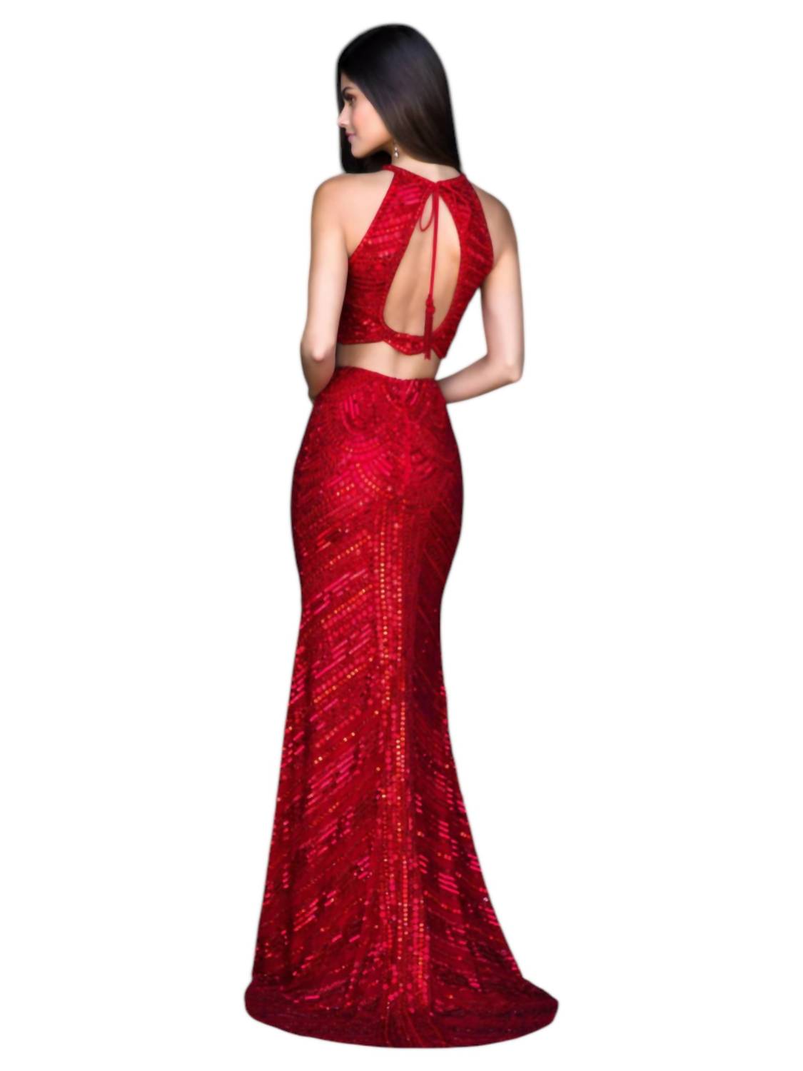 Sherri Hill 2 Piece Fitted Sequin Prom Dress in red - women's dress - alternate view