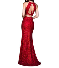 Sherri Hill 2 Piece Fitted Sequin Prom Dress in red - women's dress - detail view