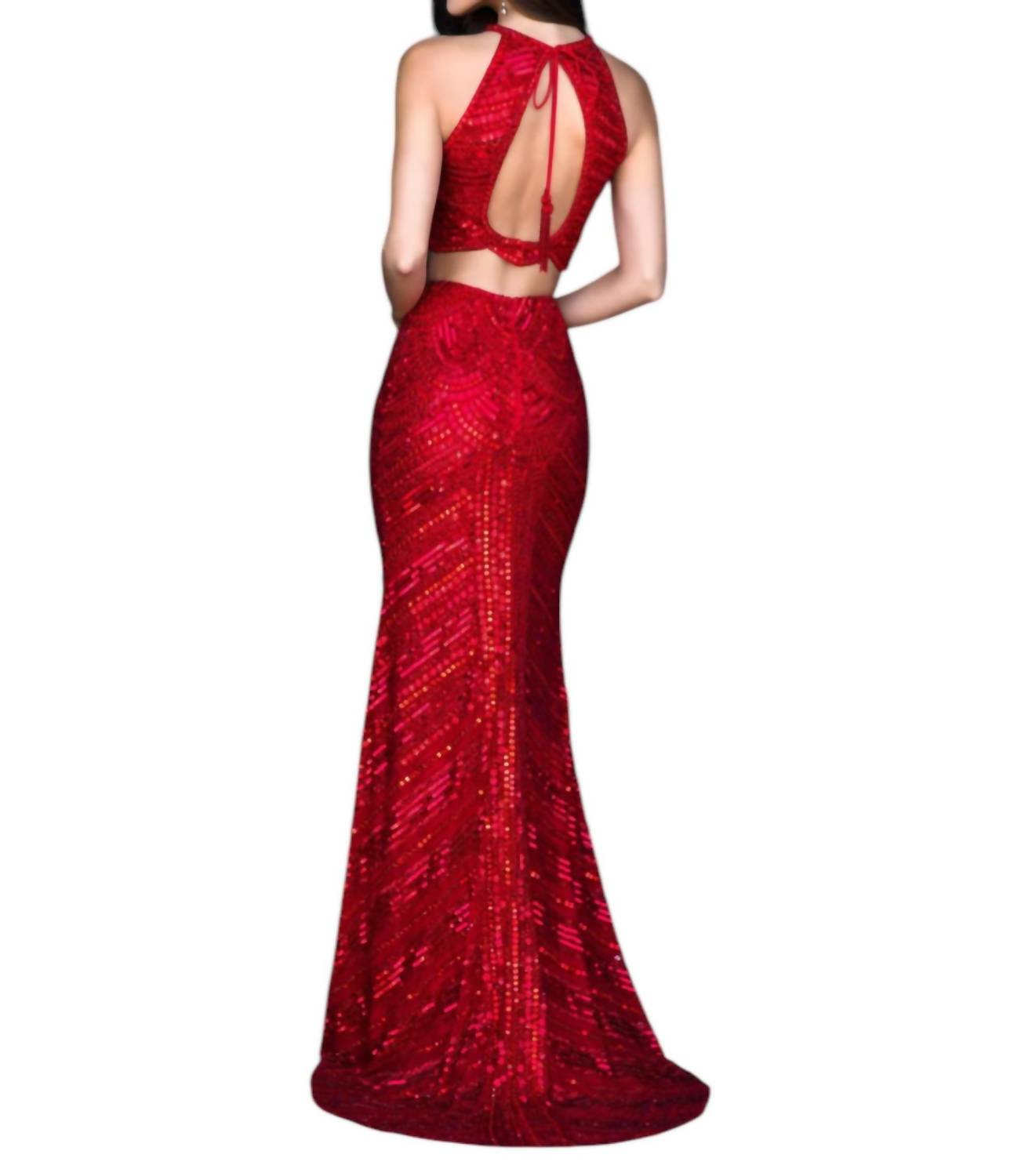 Sherri Hill 2 Piece Fitted Sequin Prom Dress in red - women's dress - detail view