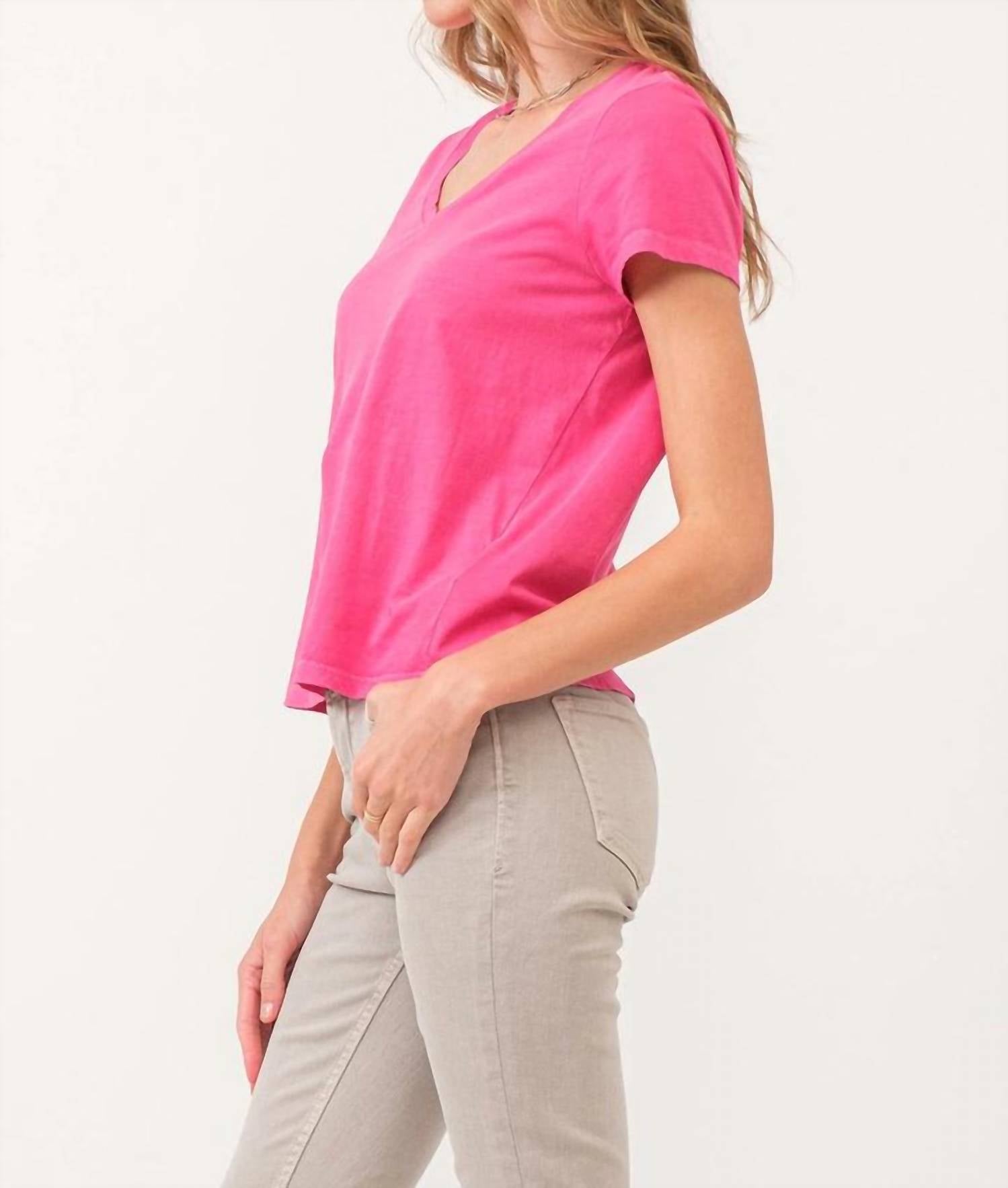 DEAR JOHN DENIM Madi V-neck Jersey Short Sleeve Tee in hot pink - women's t-shirt - detail view