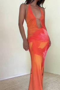 SALTY Temptation Halter Mesh Maxi Dress in orange - women's dress - detail view