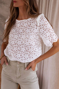 Full Time Purchase - Elegant Flower Embroidery Hollowed Blouse
