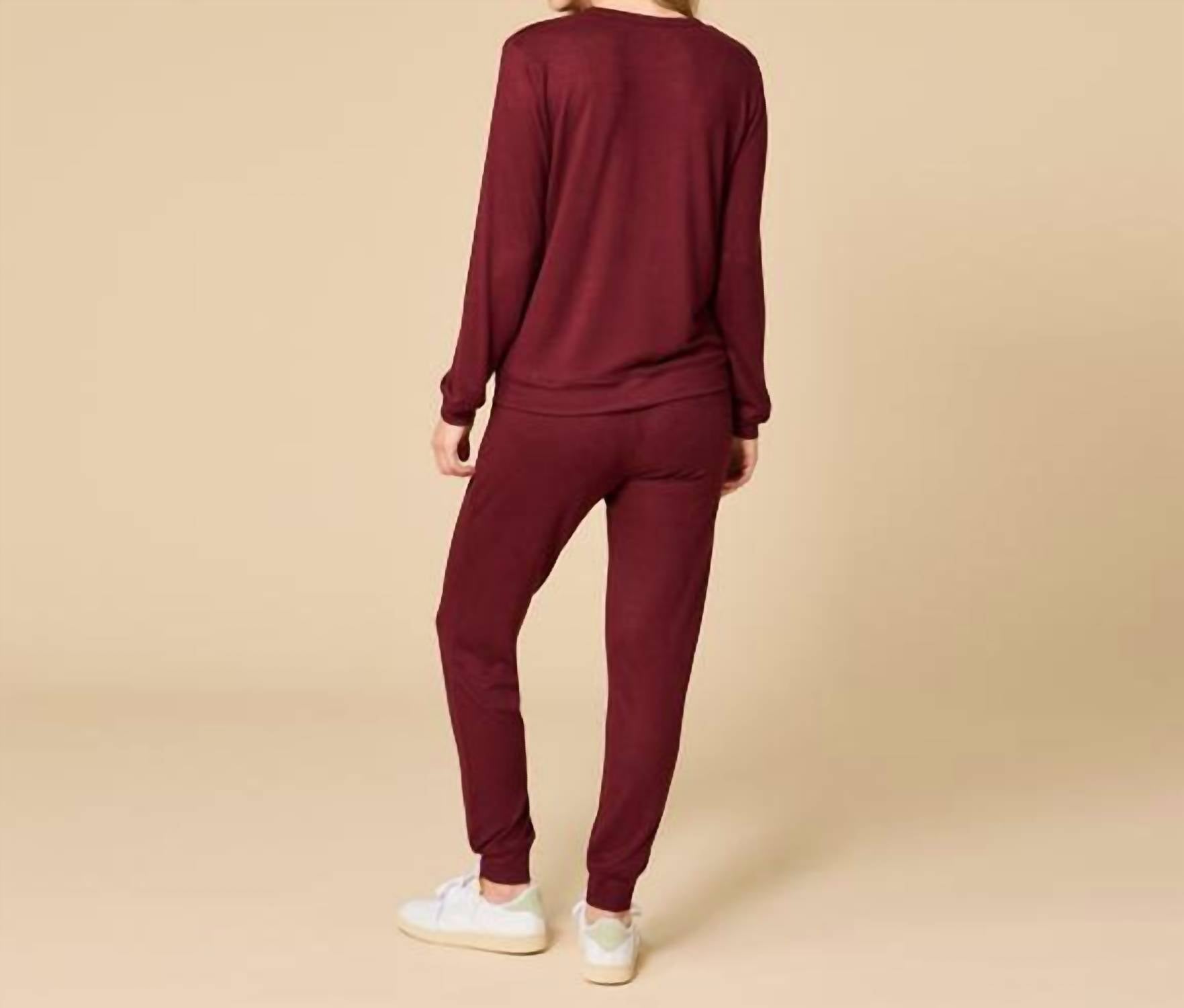 SOFTiES Jersey Crew Neck Lounge Set in cherry cola - women's sleepwear - detail view