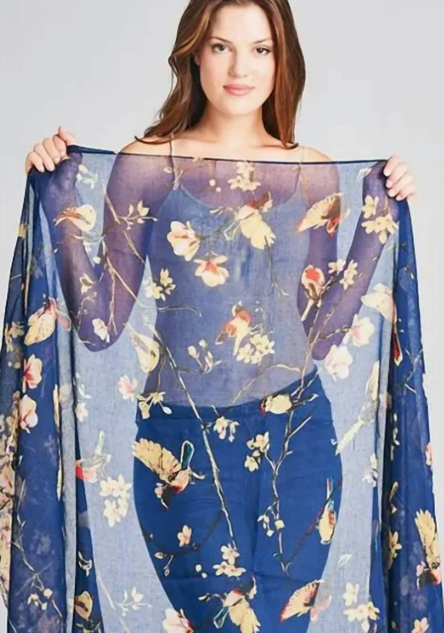 La Soul - Women's Birds And Cherry Blossom Printed Lightweight Scarf Wrap