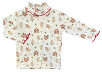 Luigi Kids - Girl's Gingerbread Print Lettuce Edge Turtleneck Top