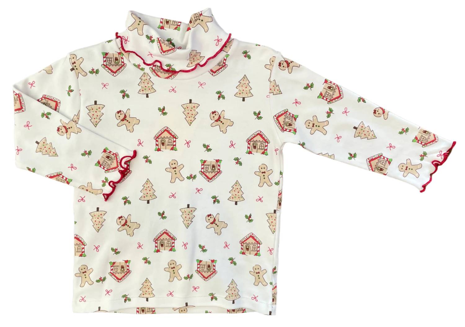 Luigi Kids - Girl's Gingerbread Print Lettuce Edge Turtleneck Top
