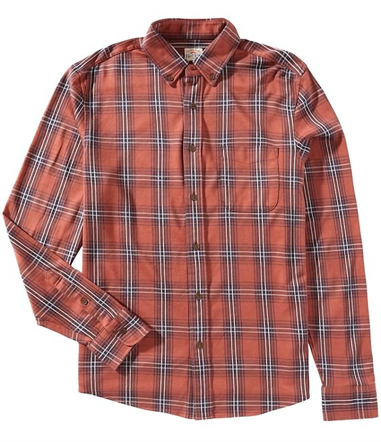 Faherty Coastline Knit Shirt in redwood nights plaid - men's shirt - detail view