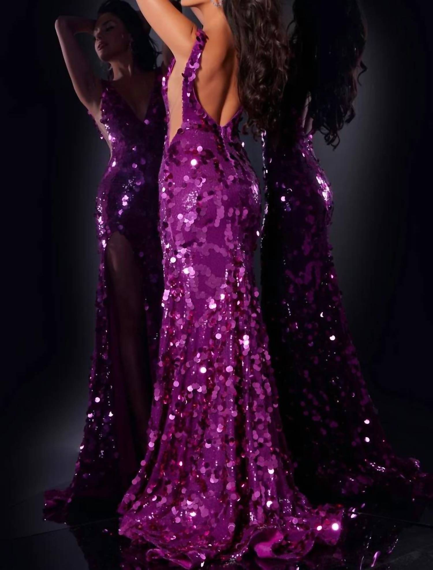 Jovani - Fitted Sequin Formal Slit Beaded Prom Dress