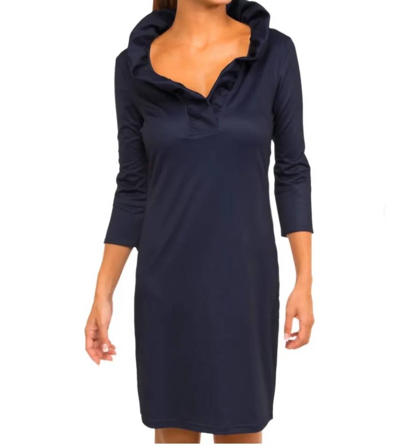 GRETCHEN SCOTT Jersey Ruffneck Mini Dress in navy - women's dress