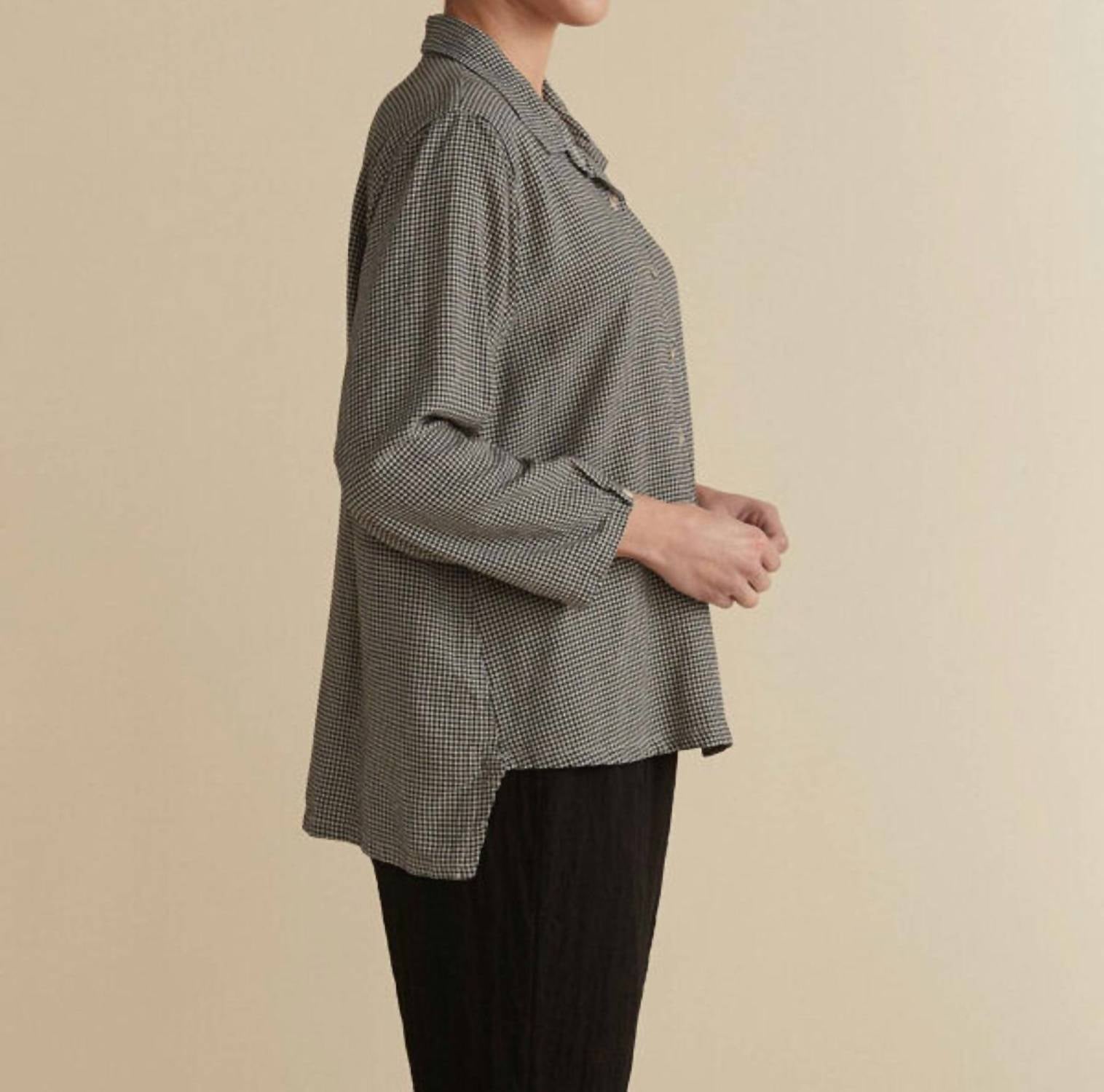 cut loose Mini Check Shirt Top in moonbeam - women's long sleeve top - detail view