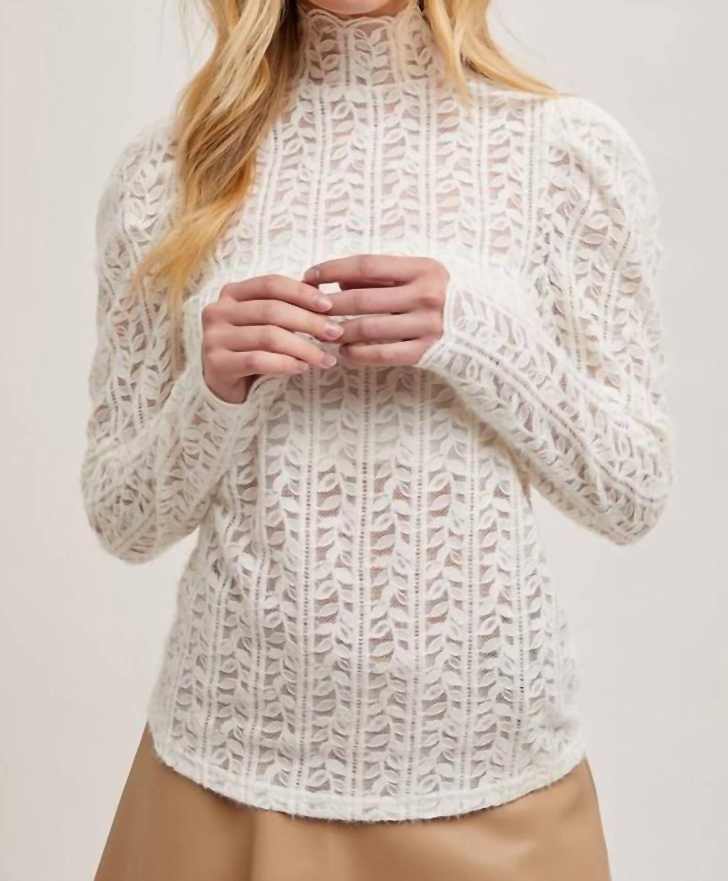 Bluivy - Mock Neck Sheer Lace Top - Ivory