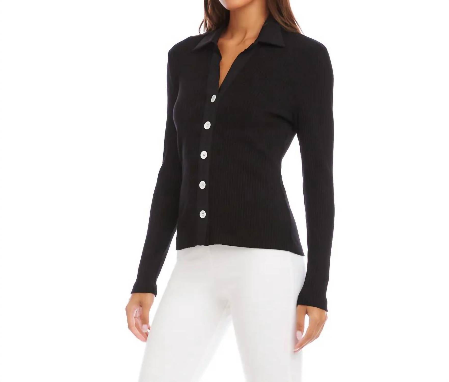 Karen Kane - Raveen Ribbed Long Sleeve Button Front Top