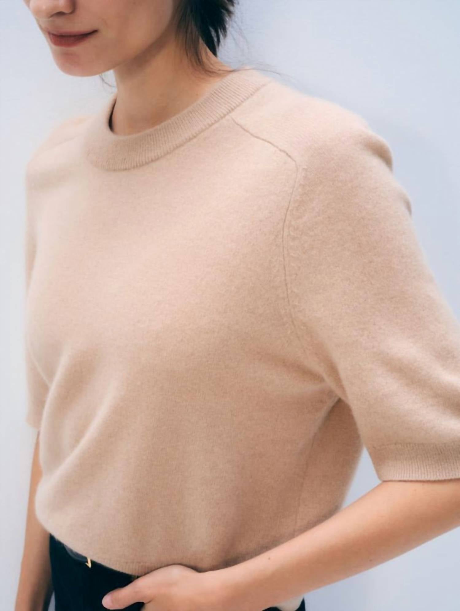 White + Warren Cashmere Relaxed T-shirt in muted camel - women's t-shirt - detail view