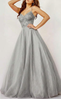 JOVANI Prom Long Spaghetti Strap Metallic Ball Gown in silver - women's dress