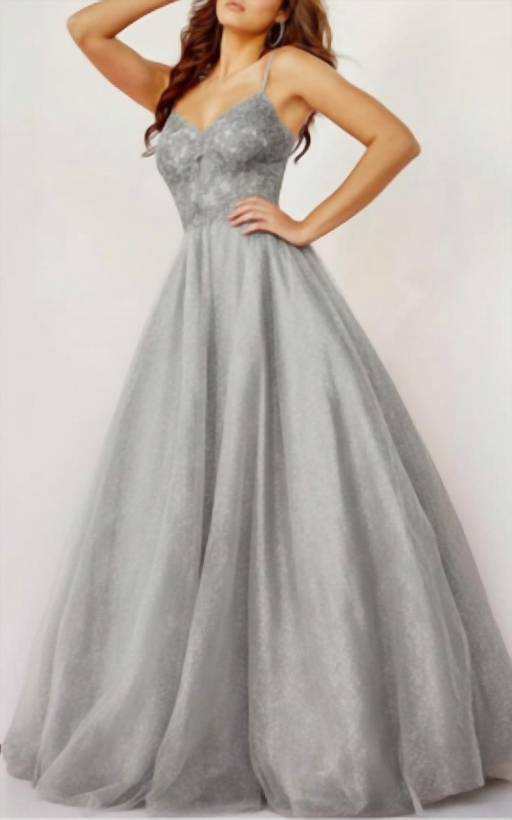 JOVANI Prom Long Spaghetti Strap Metallic Ball Gown in silver - women's dress