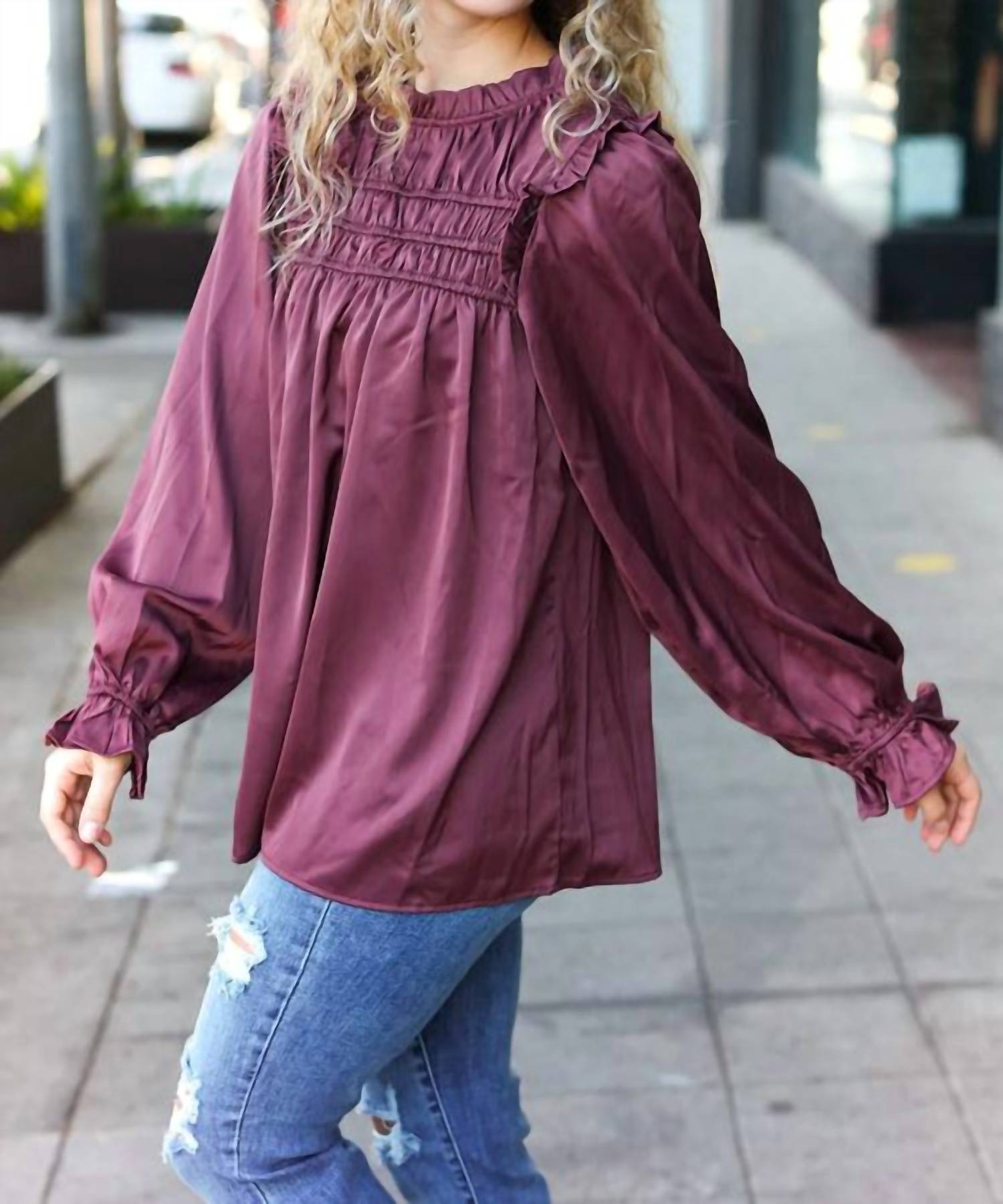 Haptics - Mock Neck Satin Long Sleeve Blouse