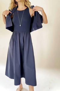 Elliott Lauren Rib Knit Woven Combo Dress in navy - women's dress - detail view