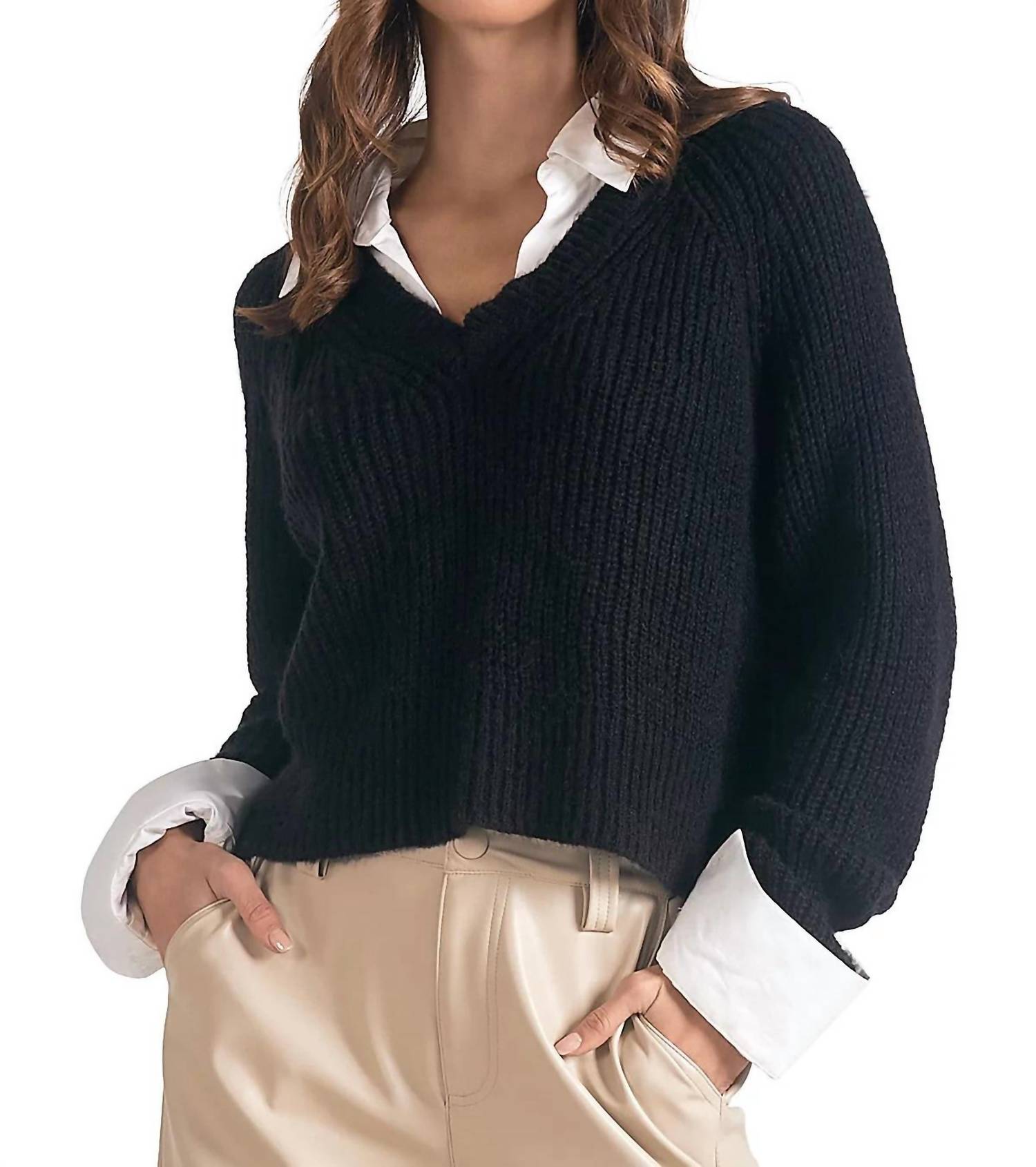 ELAN V-neck Sweater With Collar in black - women's sweater