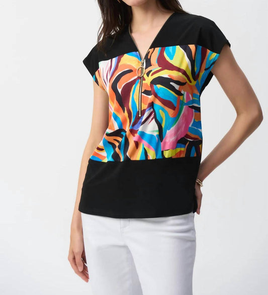 Joseph Ribkoff - Abstract Print Front Zip Boxy Top