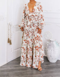 Surelymine - Floral Tie-Front Maxi Dress with Smocked Waist