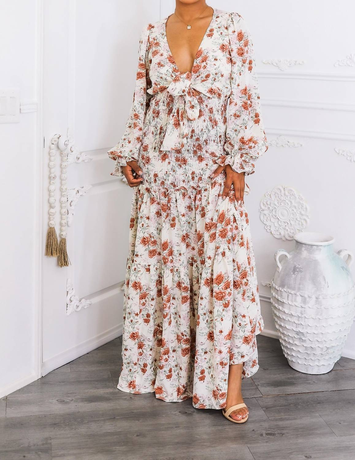 Surelymine - Floral Tie-Front Maxi Dress with Smocked Waist
