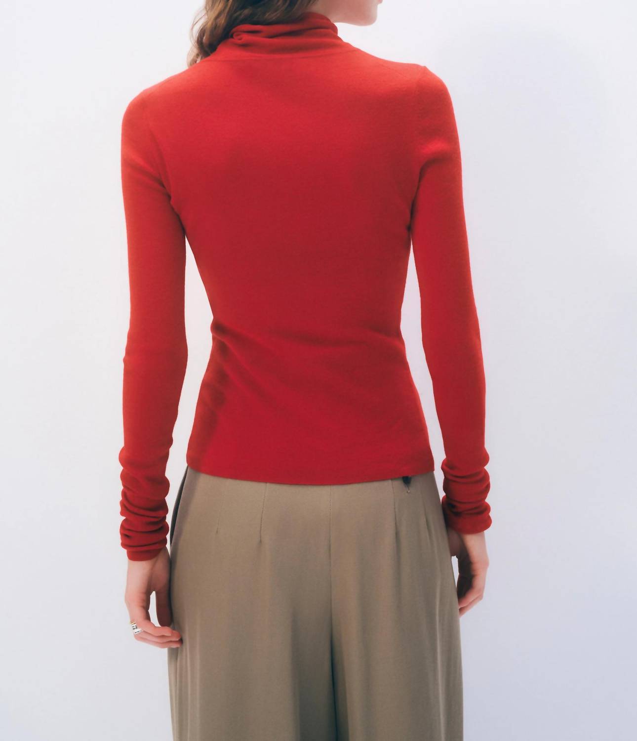 White + Warren Superfine Merino Fitted Turtleneck Top in cardinal red - women's sweater - detail view
