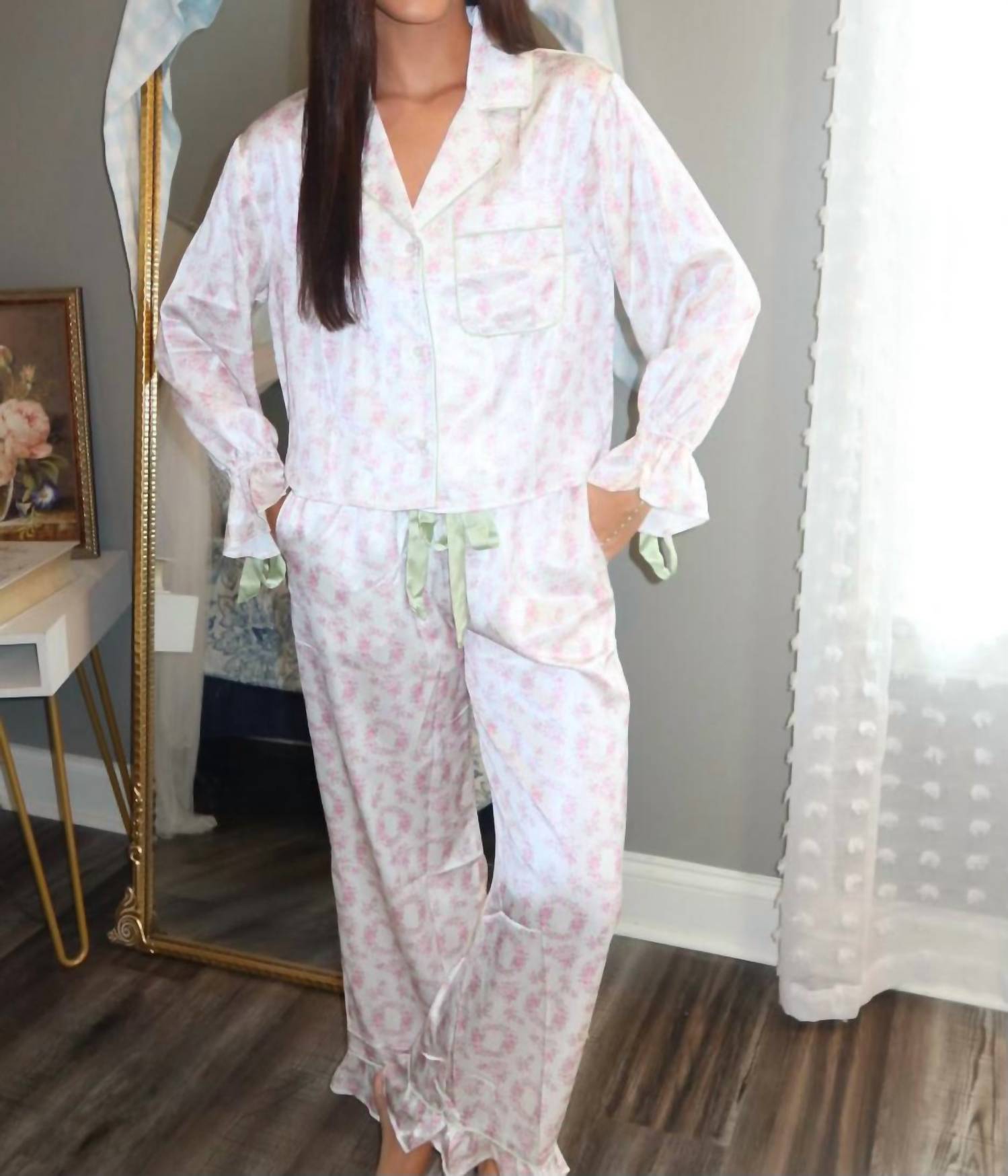 Peach Love - Floral Satin Pajama Set