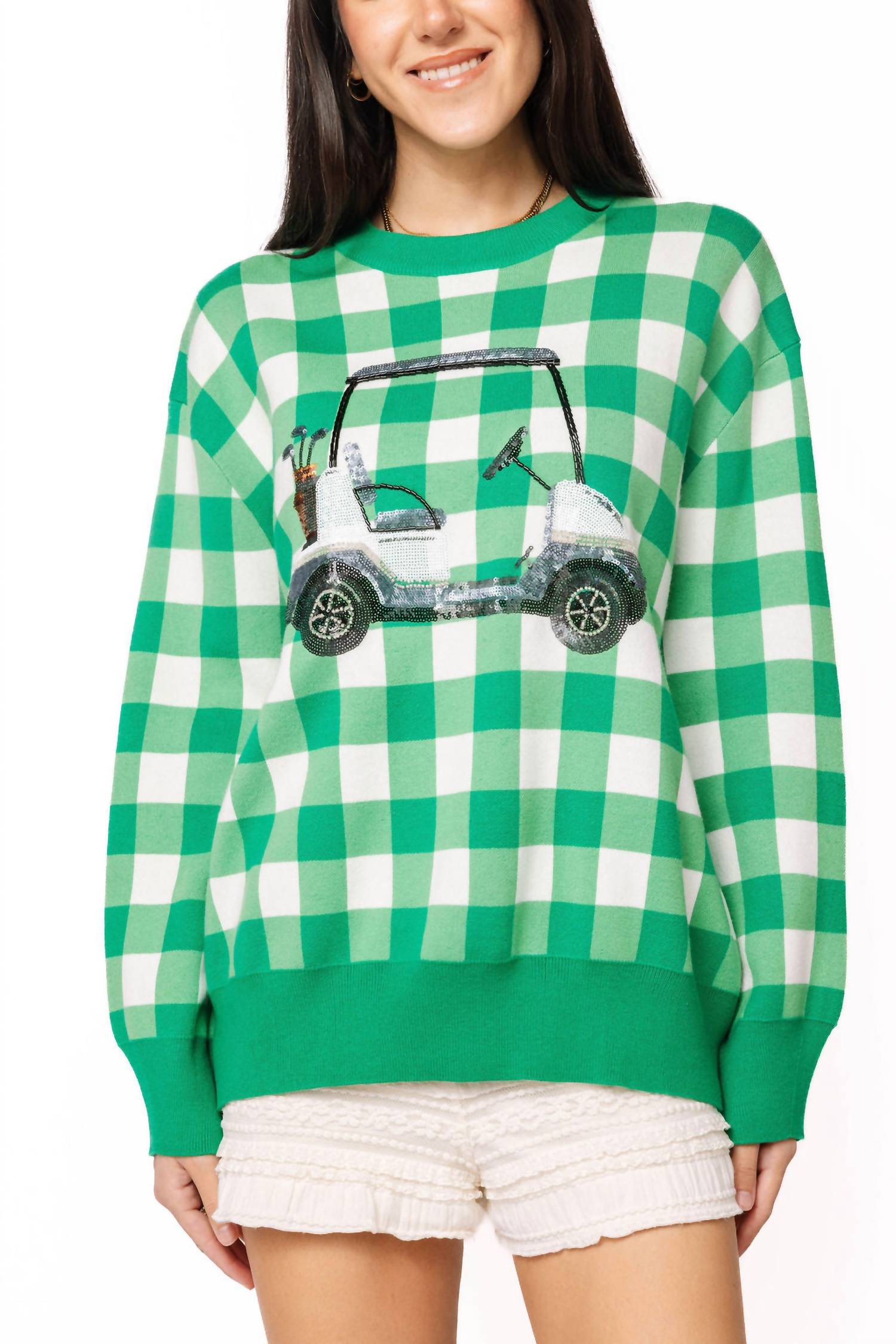 Queen Of Sparkles - Checkered Golf Cart Long Sleeve Sweater
