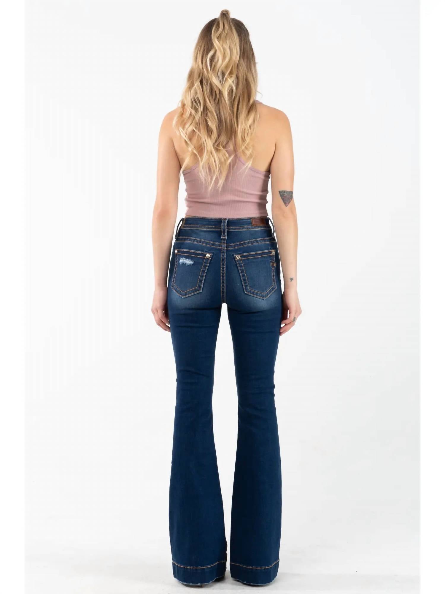 Miss Me High Rise Flare Jeans in dark wash - women's jeans - detail view