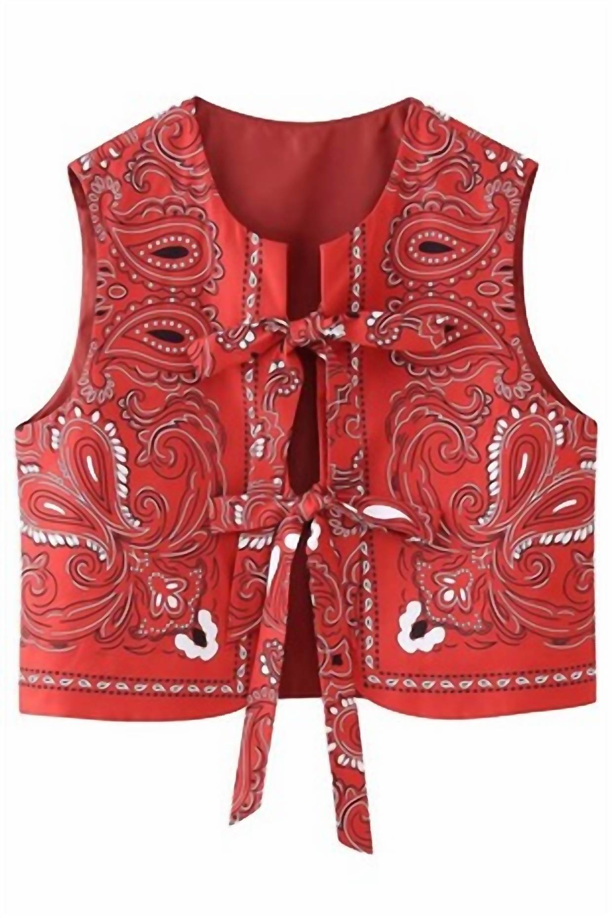 SUNDAYUP Paisley Print Round Neck Front Bow Vest in red - women's shirt