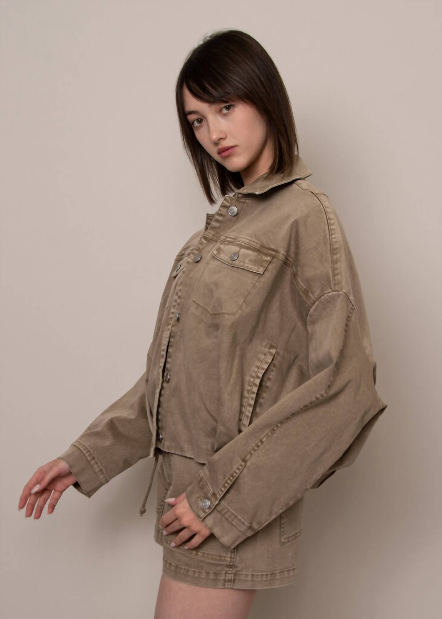 Rd Style - Rumi Stretch Twill Long Sleeve Button Up Bubble Jacket
