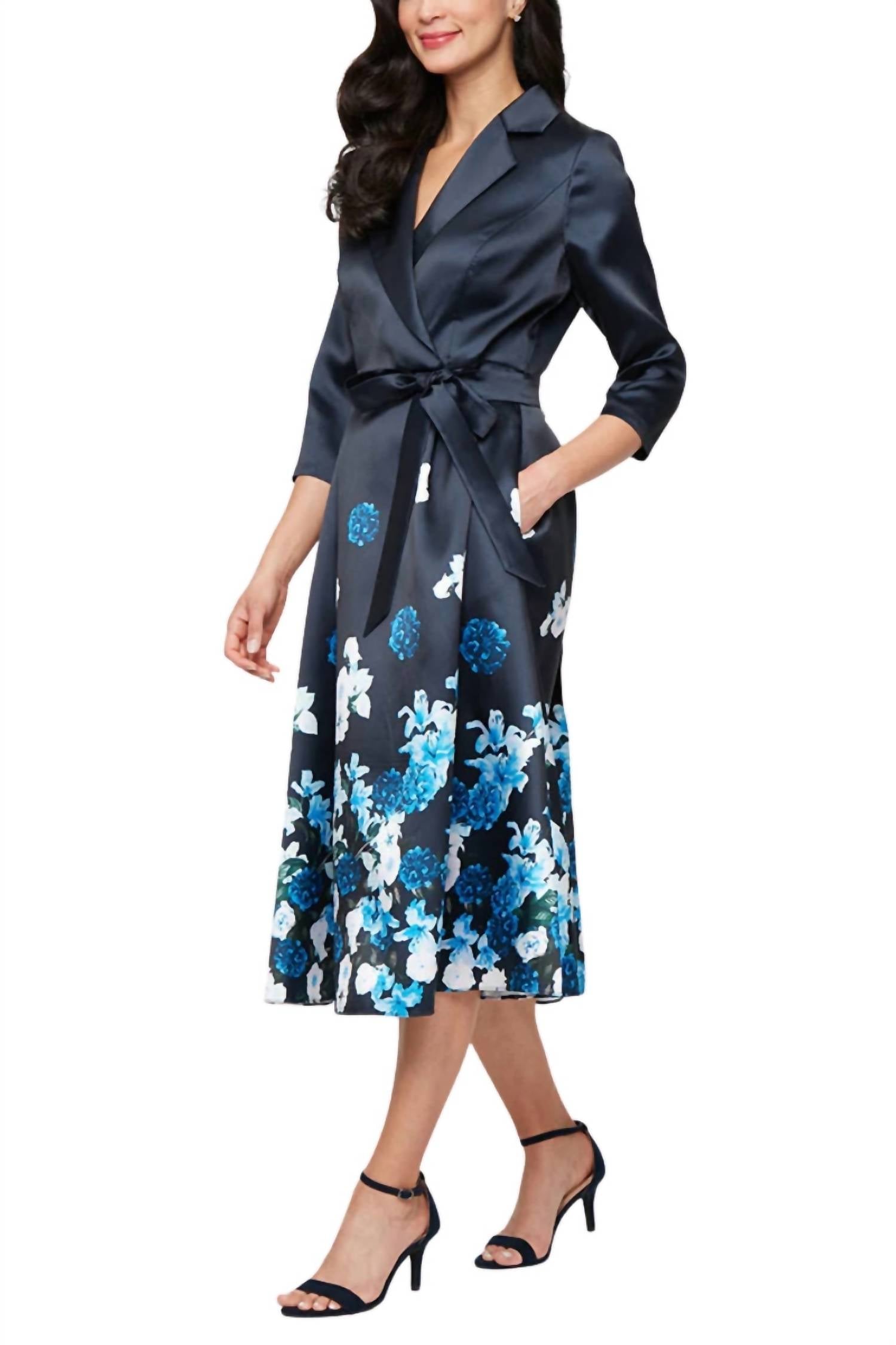 Alex Evenings - Women's Ribbon Wrap Bodice A Line Pleated Skirt Midi Dress