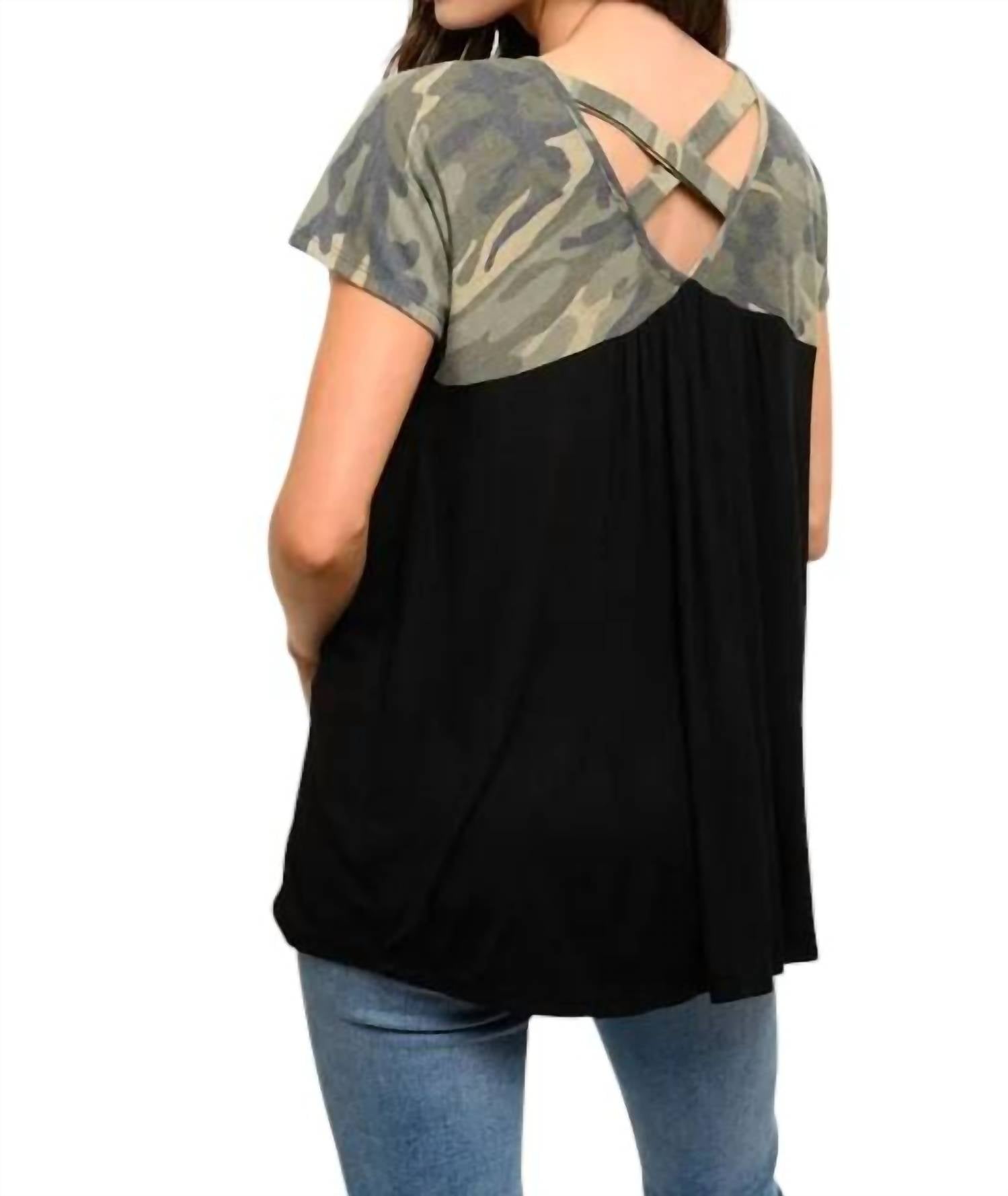 Heimish Usa - Colorblock Criss Cross Back Short Sleeve Top