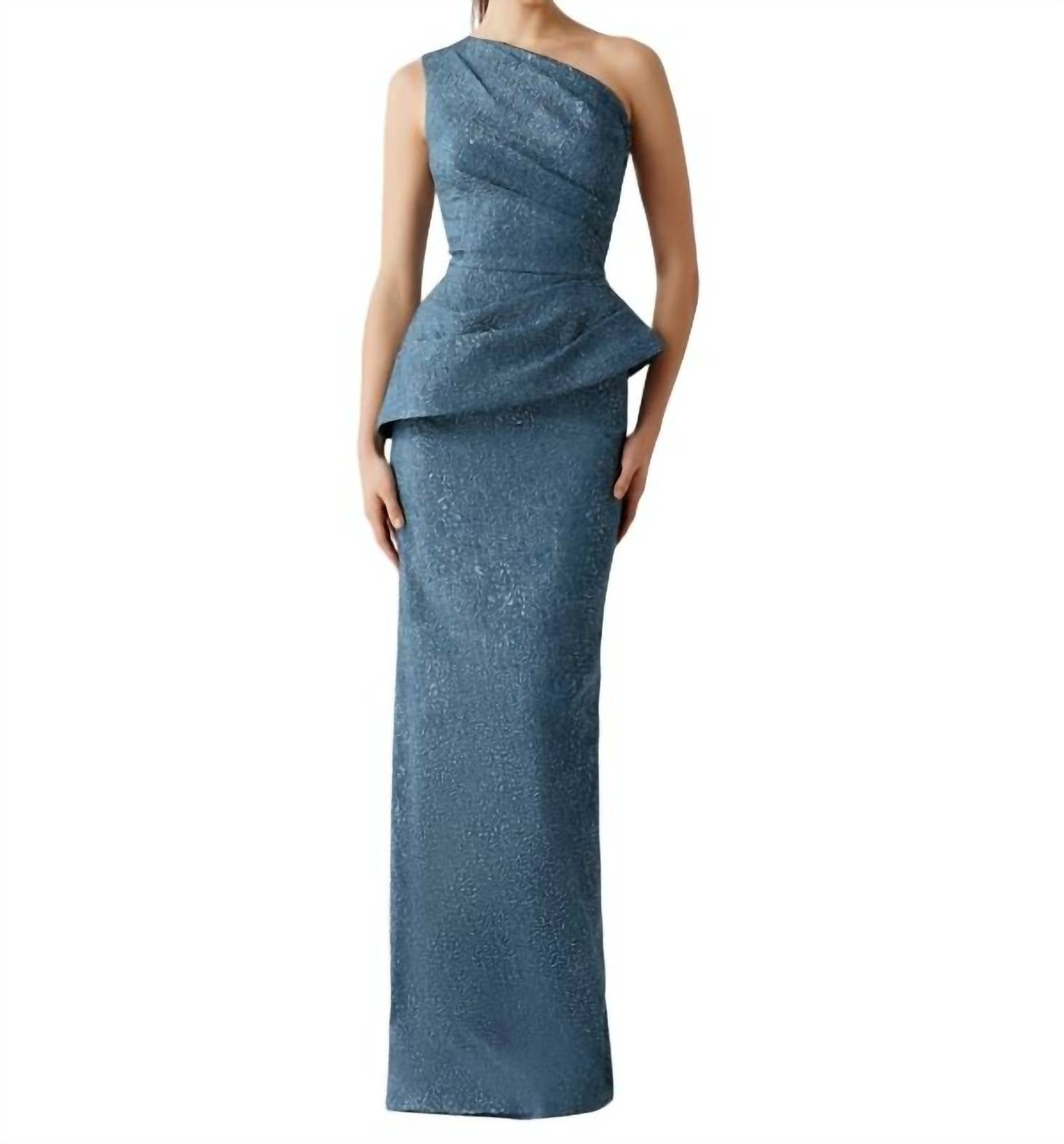 Teri Jon - Metallic Jacquard One Shoulder Side Peplum Gown