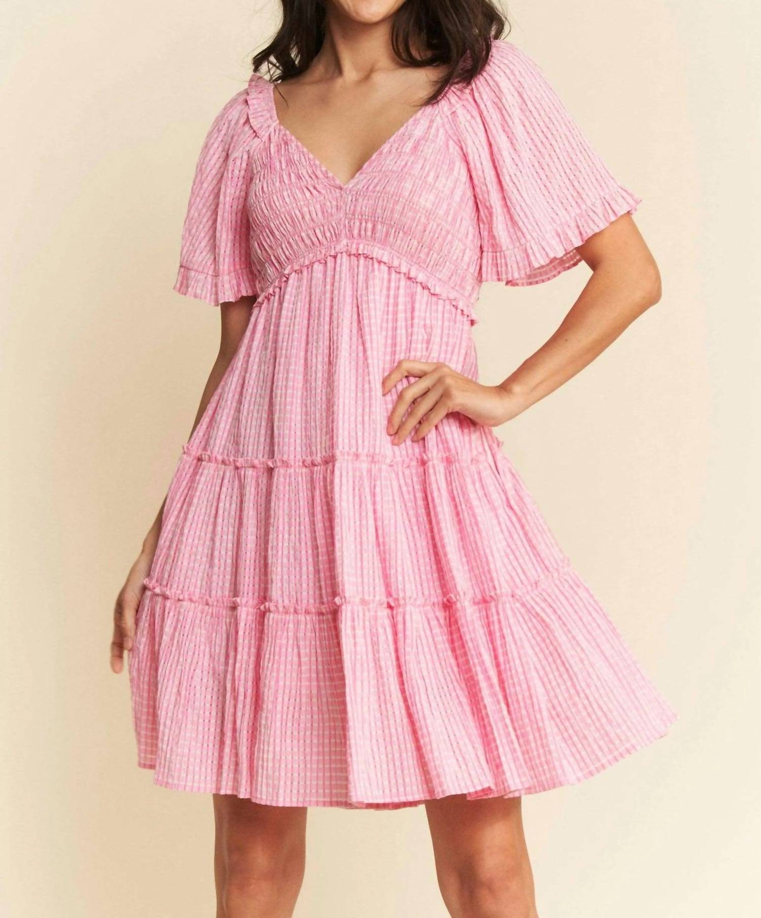 Davi & Dani - Jacquard Checker Smocking Tiered Dress