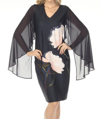 Joseph Ribkoff Chiffon Cape Sleeves Floral Midi Dress in midnight blue multi - women's dress