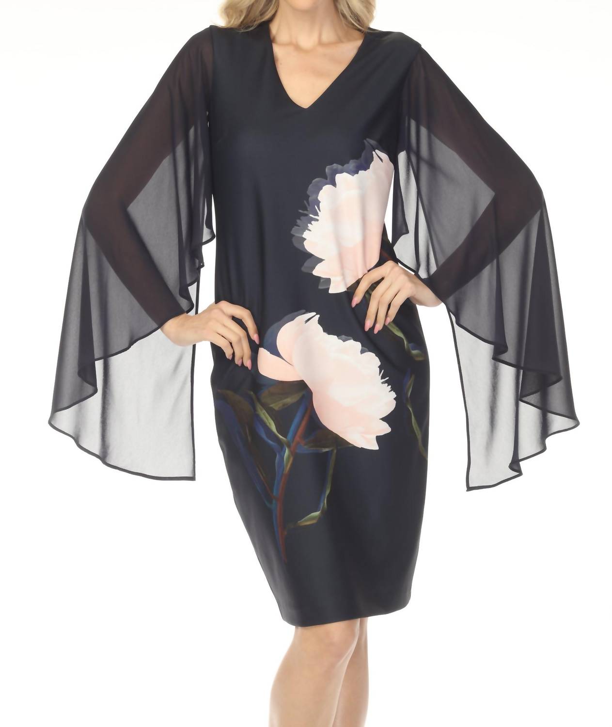 Joseph Ribkoff Chiffon Cape Sleeves Floral Midi Dress in midnight blue multi - women's dress