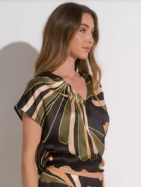ELAN Silky Short Sleeve V-Neck Crop Top in green multi - women's shirt - alternate view