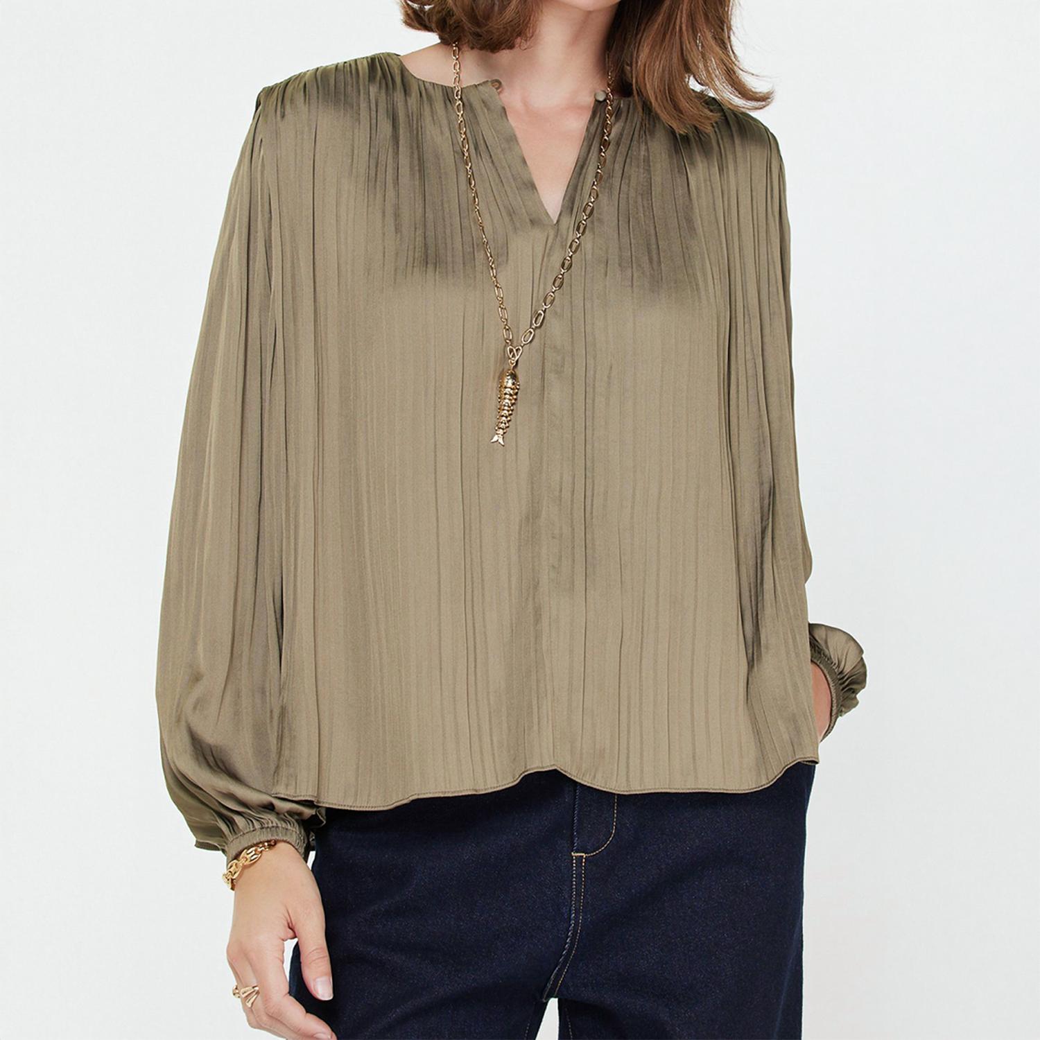 Current Air - Round Neck Long Sleeve Pleated Blouse